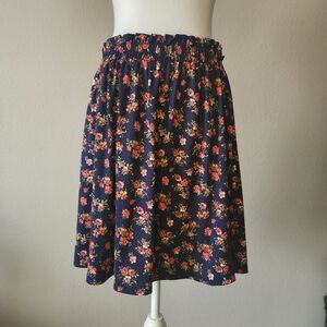 French Grey Pull On Floral Skirt Elastic Waist Size Large Navy Pink